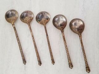 5 Antique 19th Century Russian Sterling Silver Niello Spoons Gold Wash 84 Mark