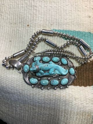 VINTAGE/OLD PAWN STERLING & TURQUOISE,  RARE GECKO NECKLACE BY HILDI KLEIN 12