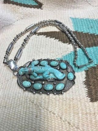 VINTAGE/OLD PAWN STERLING & TURQUOISE,  RARE GECKO NECKLACE BY HILDI KLEIN 3