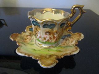 Vintage Fleetwood Japan Capodimonte Putti Hand Painted Demitasse Tea Cup Saucer