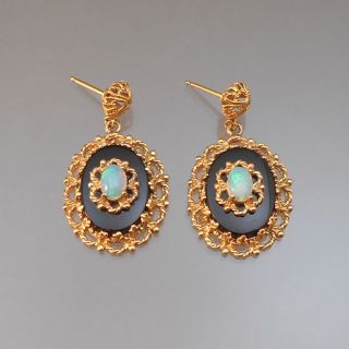 Vintage Victorian Style 14k Gold Opal Onyx Pierced Earrings Fine Estate Jewelry