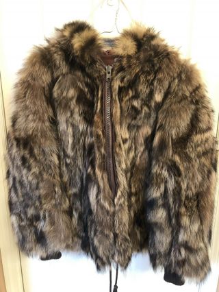 M Solomon Vintage Raccoon Fur Coat With Attached Hood - Mixture Black And Brown