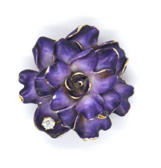 Antique Art Nouveau Purple Enamel Diamond Beauty Pin Floral 14k Yellow Gold