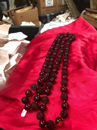 Vintage Carved / Round Cherry Red Amber/bakelite Bead Long Necklace 60”