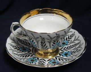 Vtg Rosina Porcelain Teacup Saucer Signed Black Blue 5197 England A