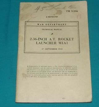 Vintage War Department Tm 9 - 294 2.  36 Inch A Book.  T Rocket Launcher M1a1 Book