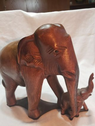 Vintage Hand Carved Teak Wooden Elephant And Baby Ex - Large 9 " Tall