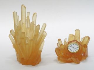 Rare Daum Crystal France Citrine Quartz Form Desk Set Clock & Pen Holder Cup