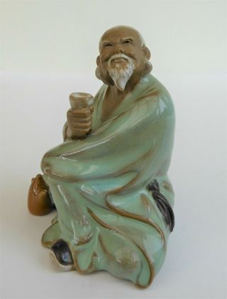 CHINESE SHIWAN MUDMAN FIGURINE SEATED DRINKING TEA 3