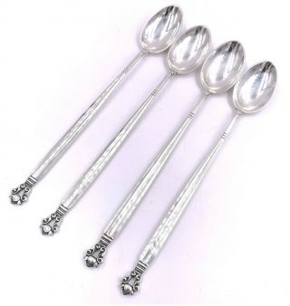 Set Of 4 Georg Jensen Acorn Pattern Sterling Silver Ice Tea Spoons