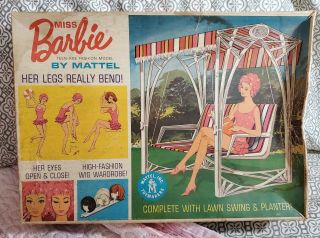 VINTAGE 1963 MISS BARBIE DOLL,  BOX W/LAWN SWING,  PLANT,  WIRE STAND 9