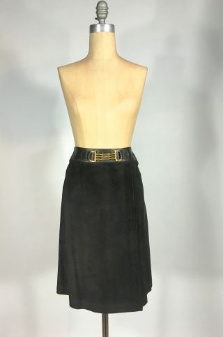 Vintage 1960s - 70s Brown Suede Leather Celine Paris Skirt A - Line Sz 38 Horse Bit