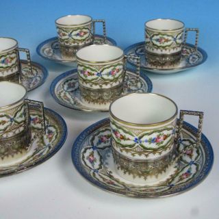 Russian Imperial Porcelain - 6 Demitasse Cups Saucers - Silver Holders