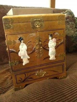 Large Vintage Japanese Jewelry Box Hand Painted Gold Lacquer