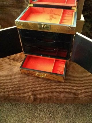 Large Vintage Japanese Jewelry Box Hand Painted Gold lacquer 6
