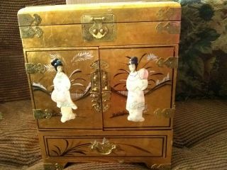 Large Vintage Japanese Jewelry Box Hand Painted Gold lacquer 8