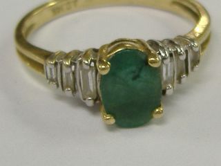 Vintage Solid 14 K Gold Natural Emerald And Diamonds Ring Size 5.  25