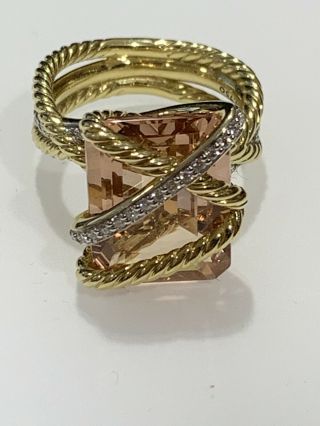 David Yurman 18k Gold Morganite Cable Wrap Ring W/ Diamonds Size 6 Very Rare