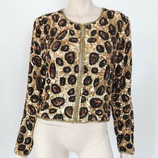 Vtg Black Gold Animal Leopard Pattern Sequin Fashion Festival Party Jacket Women