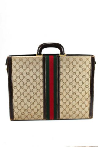 Gucci Unisex Vintage Gg Monogram Canvas Leather Hard Briefcase Beige Brown