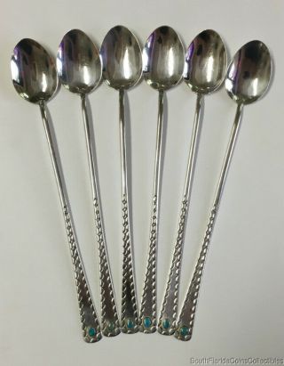 6 Native American Turquoise Iced Tea Spoons Hand Tooled Sterling Silver 8 1/2 "
