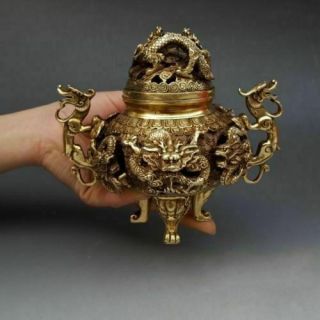 7 " Chinese Brass Gilt 9 Dragon Incense Burner Censer Incensory Burner Statue