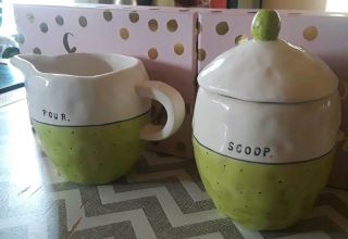 Rare Vintage Rae Dunn: Scoop Pour Set Green Polkadot: Creamer,  Sugar 2