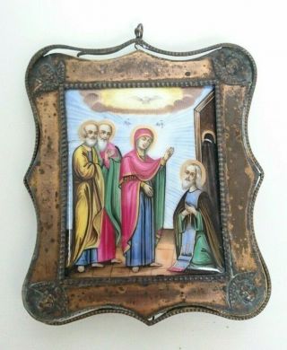 Antique Russian Icon - Finift Appearance Of The Mother Of God St.  Sergius Radonez.