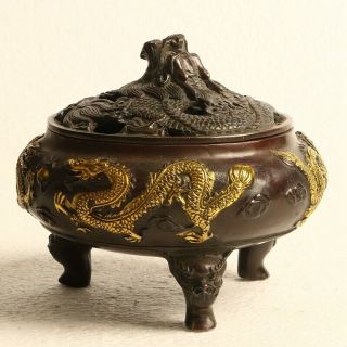 Chinese Copper Gilt Incense burner Hand Carved Dragon Incense burner KT0185 2