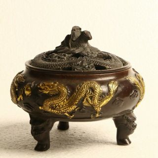 Chinese Copper Gilt Incense burner Hand Carved Dragon Incense burner KT0185 4