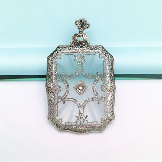 Vintage Art Deco 14 Karat White Gold,  Camphor Glass,  & Diamond Pendant