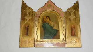 Vintage Italy Florentia Ferruzzi Gold Gilt Wood Religious Plaque Madonna,  Pink