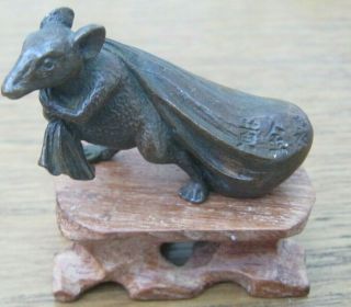 Unusual Oriental Bronze Okimono Of A Rat Pulling A Sack With Signature Seal