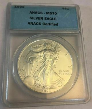 1999 American 1 Oz $1 Silver Eagle Coin Anacs Ms70 Rare
