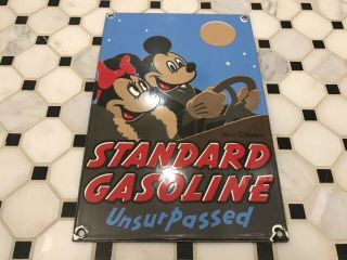Vintage Standard Gasoline Porcelain Sign Gas Station Pump Plate Mickey Minnie