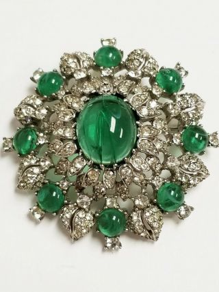 Vintage Signed Ciner Jewels Of India " Flawed " Emerald Cabochon Rhinestone Brooch