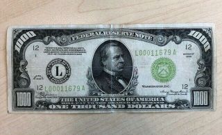 Rare 1934 $1000 One Thousand Dollar Bill Federal Reserve Note Low Serial