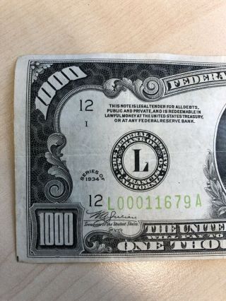 RARE 1934 $1000 One Thousand Dollar Bill Federal Reserve Note Low serial 6