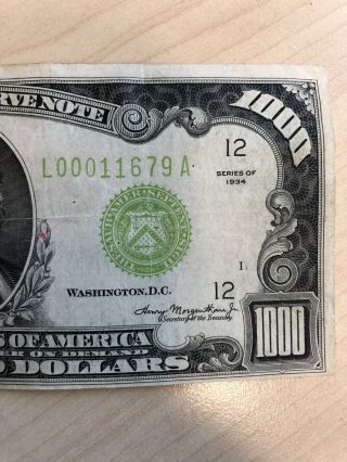 RARE 1934 $1000 One Thousand Dollar Bill Federal Reserve Note Low serial 7