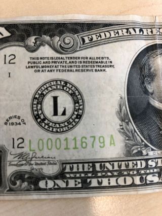 RARE 1934 $1000 One Thousand Dollar Bill Federal Reserve Note Low serial 9