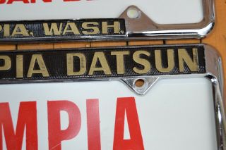 Set 2 VTG embossed Metal License Plate Frame,  Inserts OLYMPIA DATSUN NISSAN WA 3