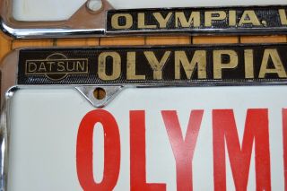 Set 2 VTG embossed Metal License Plate Frame,  Inserts OLYMPIA DATSUN NISSAN WA 4