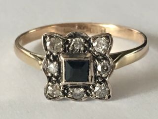 Edwardian 18ct Gold Platinum Ladies Square Sapphire Diamond Cluster Ring