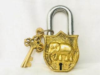 Vintage Old Antique Style Brass Handcrafted Fine Elephant Shape Pad Lockwith Key