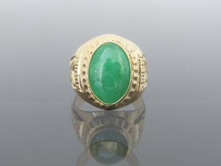 Vintage 18k Solid Yellow Gold Oval Green Jadeite Jade Men 