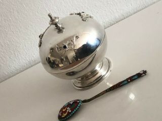 Antique Silver Bowl For Caviar With Enamel Spoon Beg 20 Th C.  Russia Faberge