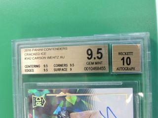 Carson Wentz 2016 Contenders Cracked Ice Auto BGS 9.  5/10 14/24 RARE SSP 2