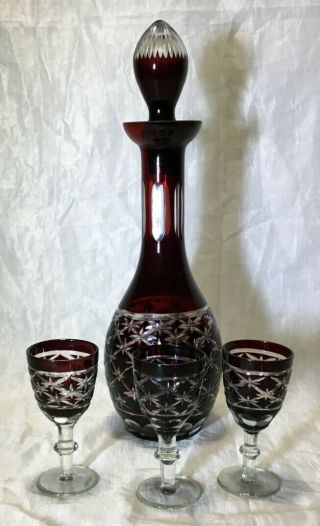 Large Rare Red Cut To Clear Glass Crystal Decanter With 3 Matching Glases