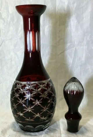 Large Rare Red Cut To Clear Glass Crystal Decanter With 3 Matching Glases 2