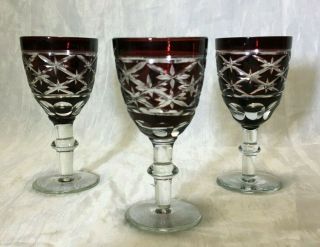 Large Rare Red Cut To Clear Glass Crystal Decanter With 3 Matching Glases 5
